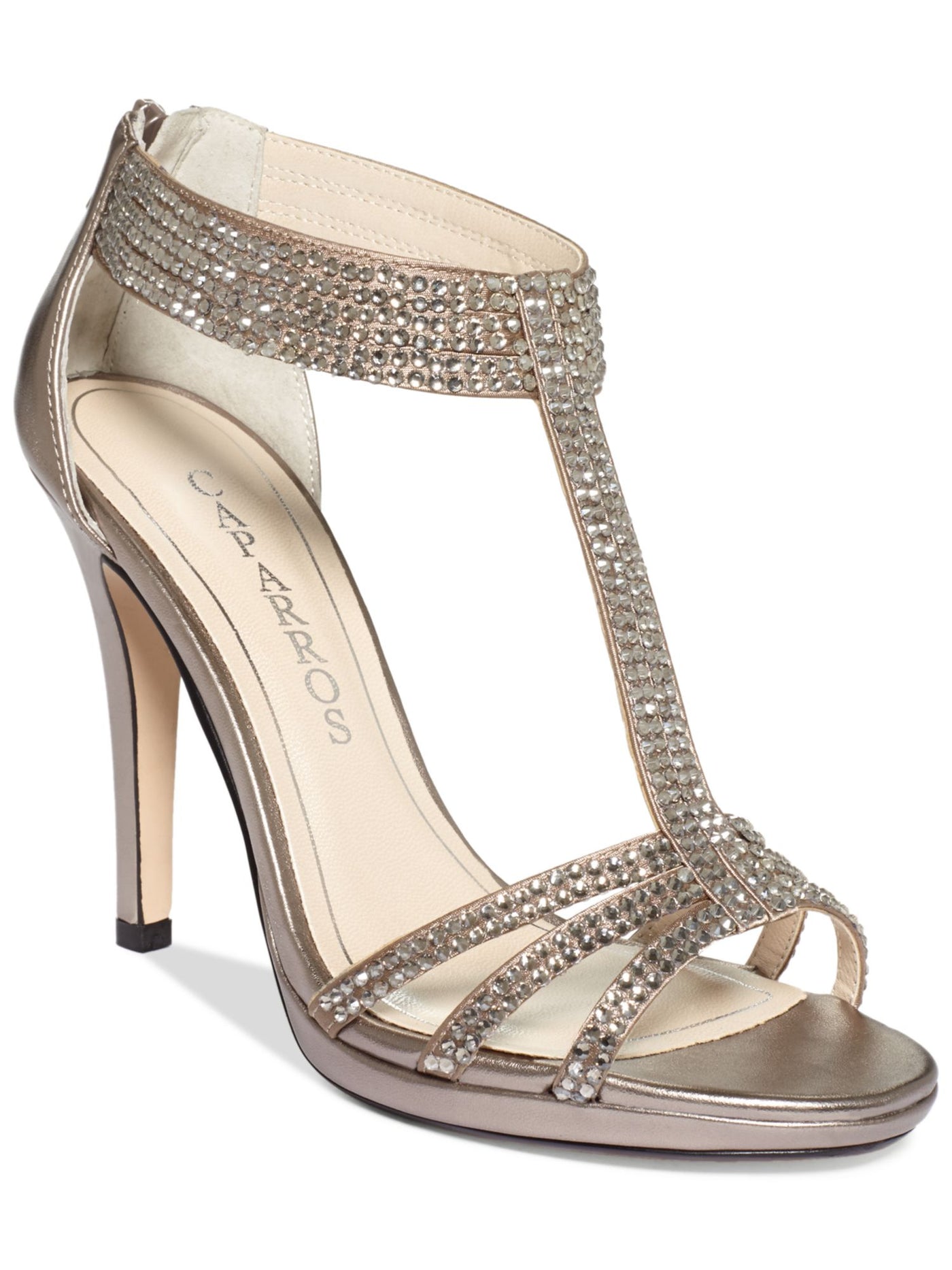 CAPARROS Womens Beige Rhinestone Strappy Maddy Round Toe Stiletto Zip-Up Dress Sandals Shoes 9.5 B