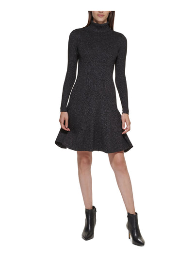 CALVIN KLEIN Womens Black Stretch Glitter Flounce Hem Sweater Long Sleeve Turtle Neck Knee Length Party A-Line Dress XL