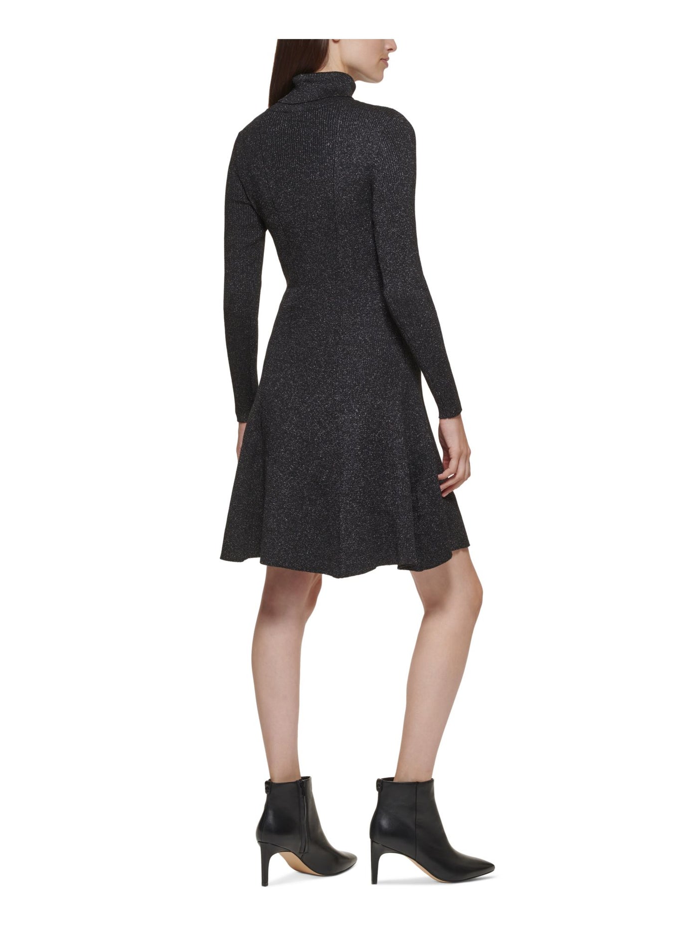 CALVIN KLEIN Womens Black Stretch Glitter Flounce Hem Sweater Long Sleeve Turtle Neck Knee Length Party A-Line Dress XL