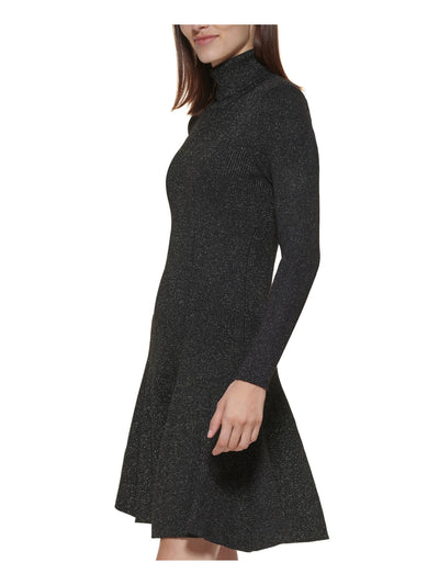 CALVIN KLEIN Womens Black Stretch Glitter Flounce Hem Sweater Long Sleeve Turtle Neck Knee Length Party A-Line Dress XL