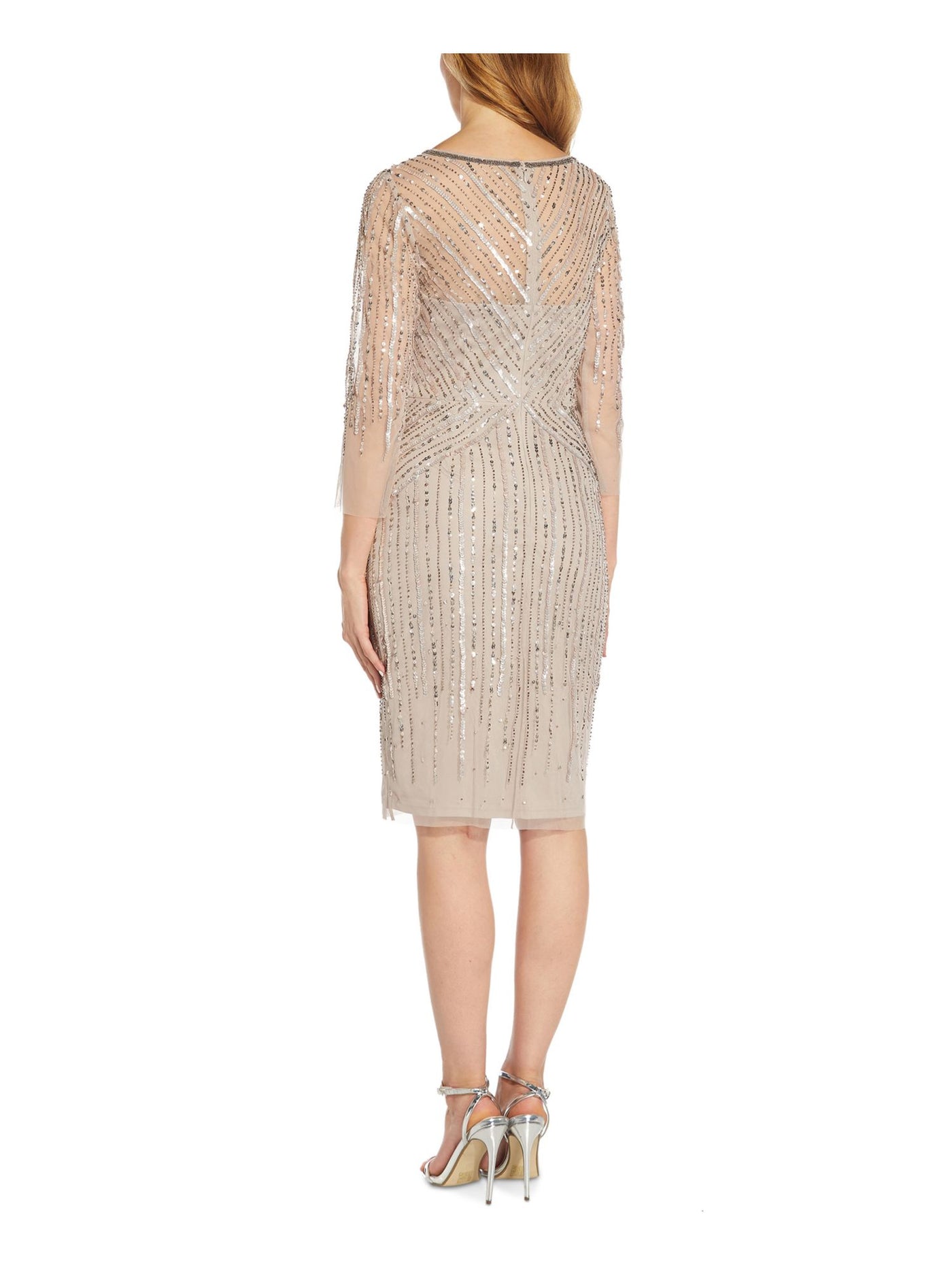 ADRIANNA PAPELL Womens Beige Sequined Zippered Lined 3/4 Sleeve V Neck Knee Length Cocktail Sheath Dress 4