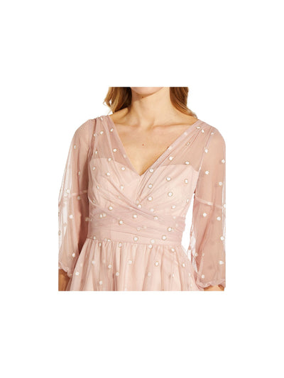 ADRIANNA PAPELL Womens Pink Embellished Zippered Ruched Lined 3/4 Sleeve V Neck Midi Party Fit + Flare Dress 6