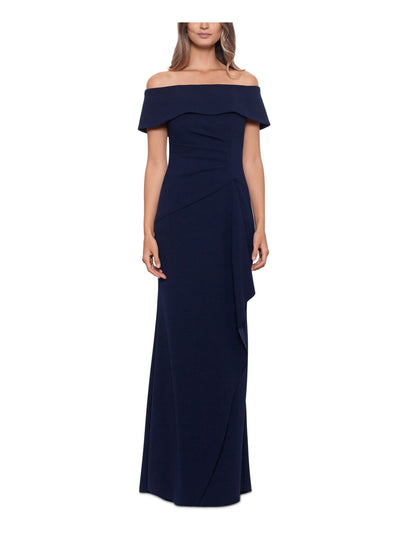 XSCAPE Womens Navy Zippered Ruffled Lined Short Sleeve Off Shoulder Full-Length Evening Sheath Dress 6