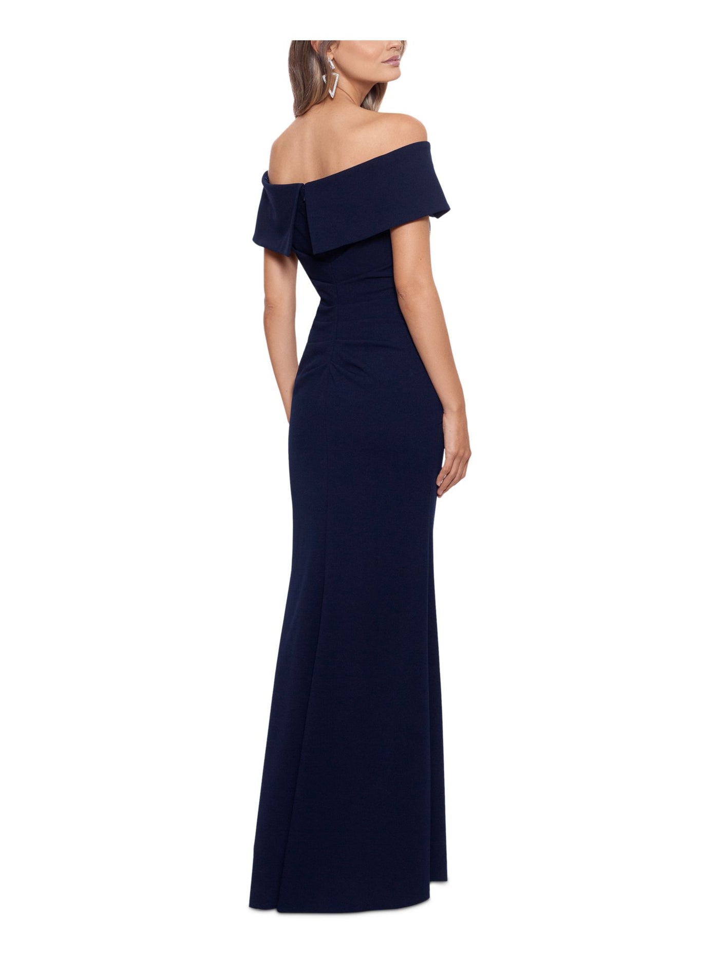 XSCAPE Womens Navy Zippered Ruffled Lined Short Sleeve Off Shoulder Full-Length Evening Sheath Dress 6