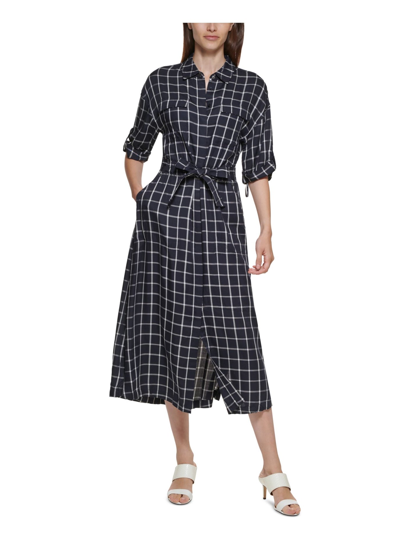 CALVIN KLEIN Womens Navy Tie Unlined Plaid Elbow Sleeve Collared Tea-Length Wear To Work Shift Dress 2