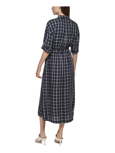 CALVIN KLEIN Womens Navy Tie Unlined Plaid Elbow Sleeve Collared Tea-Length Wear To Work Shift Dress 2
