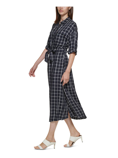 CALVIN KLEIN Womens Navy Tie Unlined Plaid Elbow Sleeve Collared Tea-Length Wear To Work Shift Dress 2