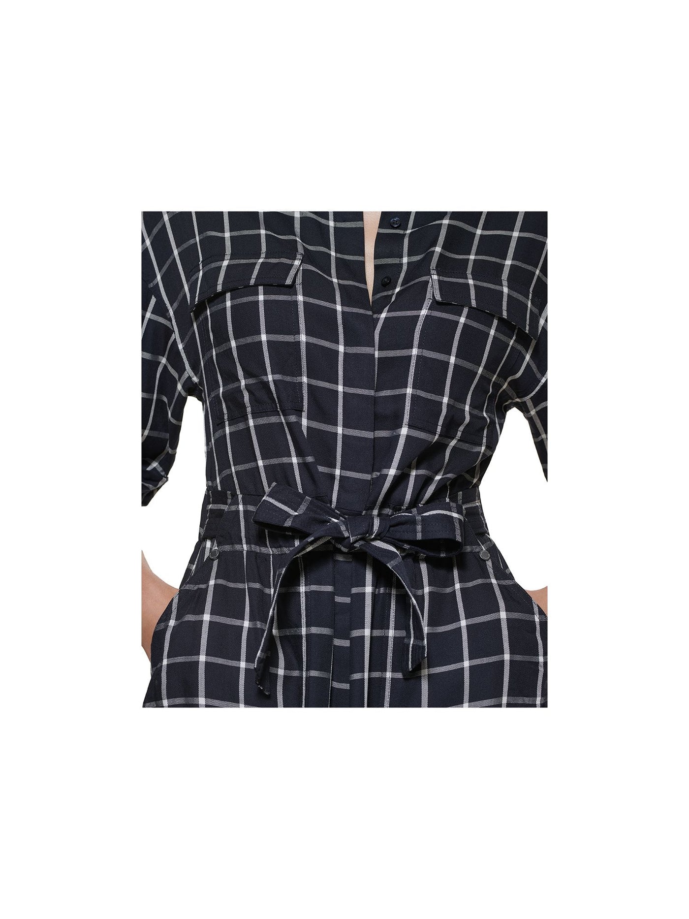 CALVIN KLEIN Womens Navy Tie Unlined Plaid Elbow Sleeve Collared Tea-Length Wear To Work Shift Dress