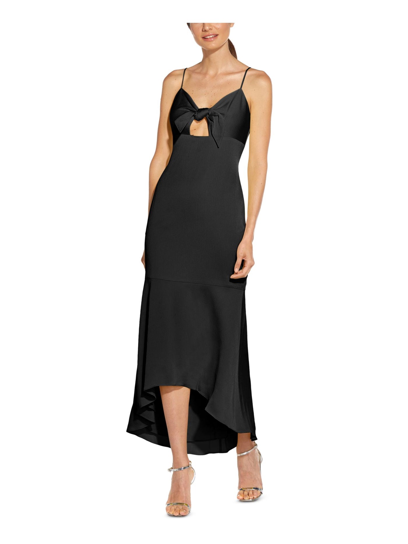 AIDAN AIDAN MATTOX Womens Black Cut Out Tie V-back Zippered Sleeveless Sweetheart Neckline Midi Evening Hi-Lo Dress 16