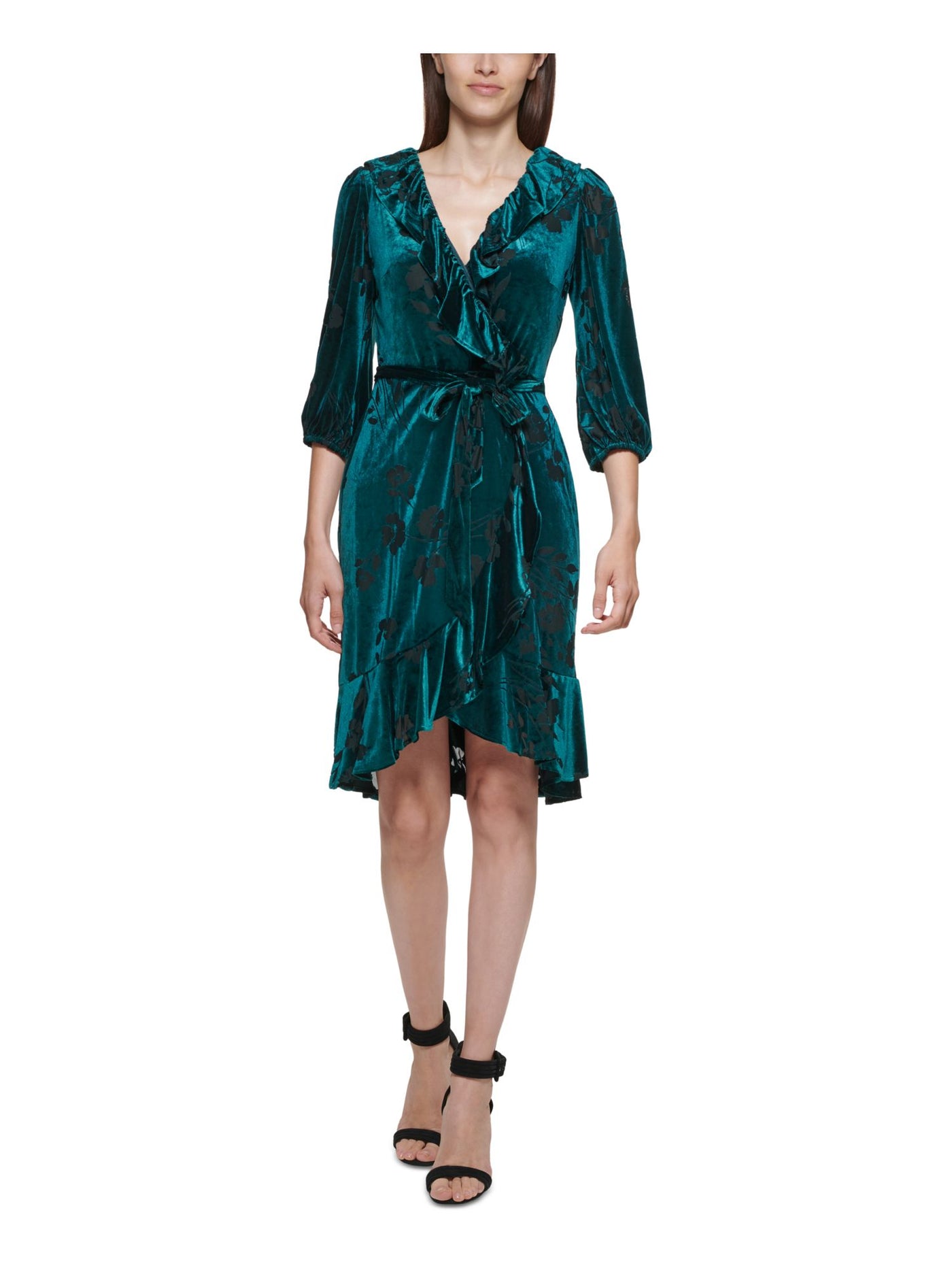 CALVIN KLEIN Womens Green Zippered Ruffled 3/4 Sleeve Surplice Neckline Above The Knee Evening Faux Wrap Dress CALVIN KLEIN Womens Green Zippered Ruffled 3/4 Sleeve Surplice Neckline Above The Knee Evening Faux Wrap Dress