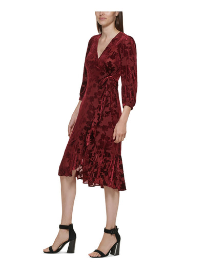 CALVIN KLEIN Womens Maroon Zippered Sheer Partially Lined Self Tie Waist Floral 3/4 Sleeve Surplice Neckline Below The Knee Party Faux Wrap Dress 14
