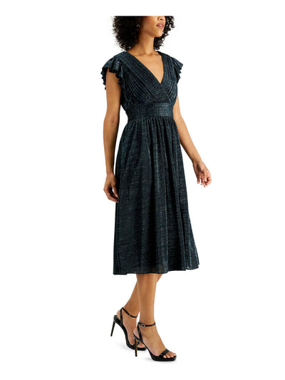 AIDAN AIDAN MATTOX Womens Green Metallic Zippered Pintucked Ruffled Sheer Lined Flutter Sleeve Surplice Neckline Below The Knee Evening Fit + Flare Dress 0
