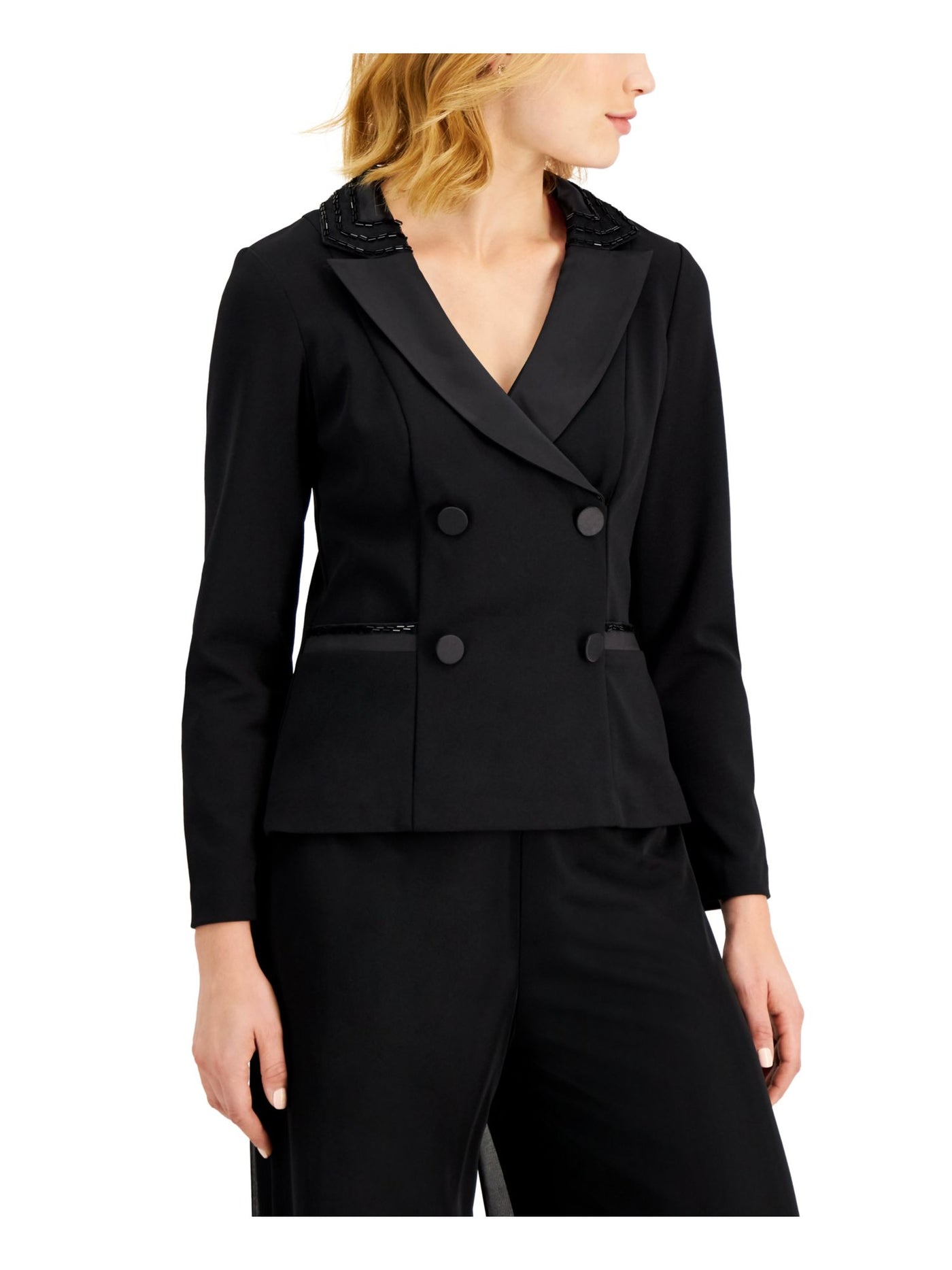 ADRIANNA PAPELL Womens Black Beaded Lined Double Breasted Tuxedo Wear To Work Jacket 2
