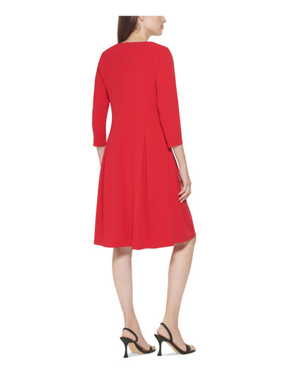 CALVIN KLEIN Womens Red Stretch Pleated Zippered 3/4 Sleeve Jewel Neck Above The Knee Wear To Work Fit + Flare Dress 10