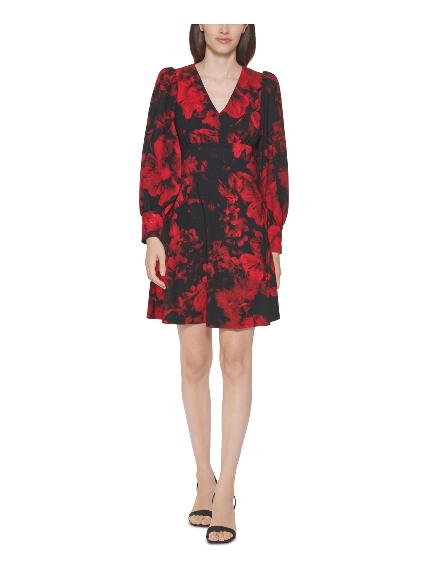 calvin klein fit flare dress Calvin Klein Womens Red Stretch Zippered Pleated Scuba Crepe Floral Long Sleeve V Neck Short Party Fit + Flare Dress 2