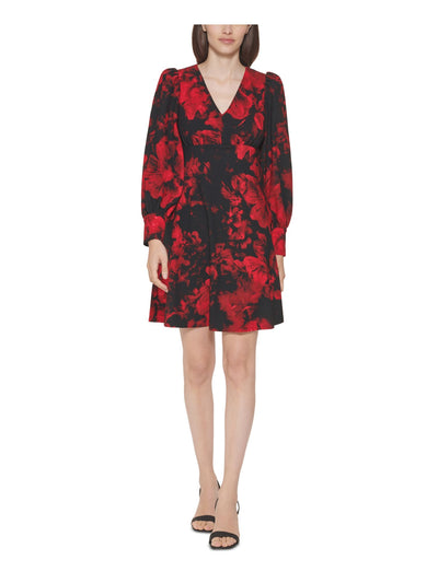 CALVIN KLEIN Womens Red Stretch Zippered Pleated Scuba Crepe Floral Long Sleeve V Neck Short Party Fit + Flare Dress 2