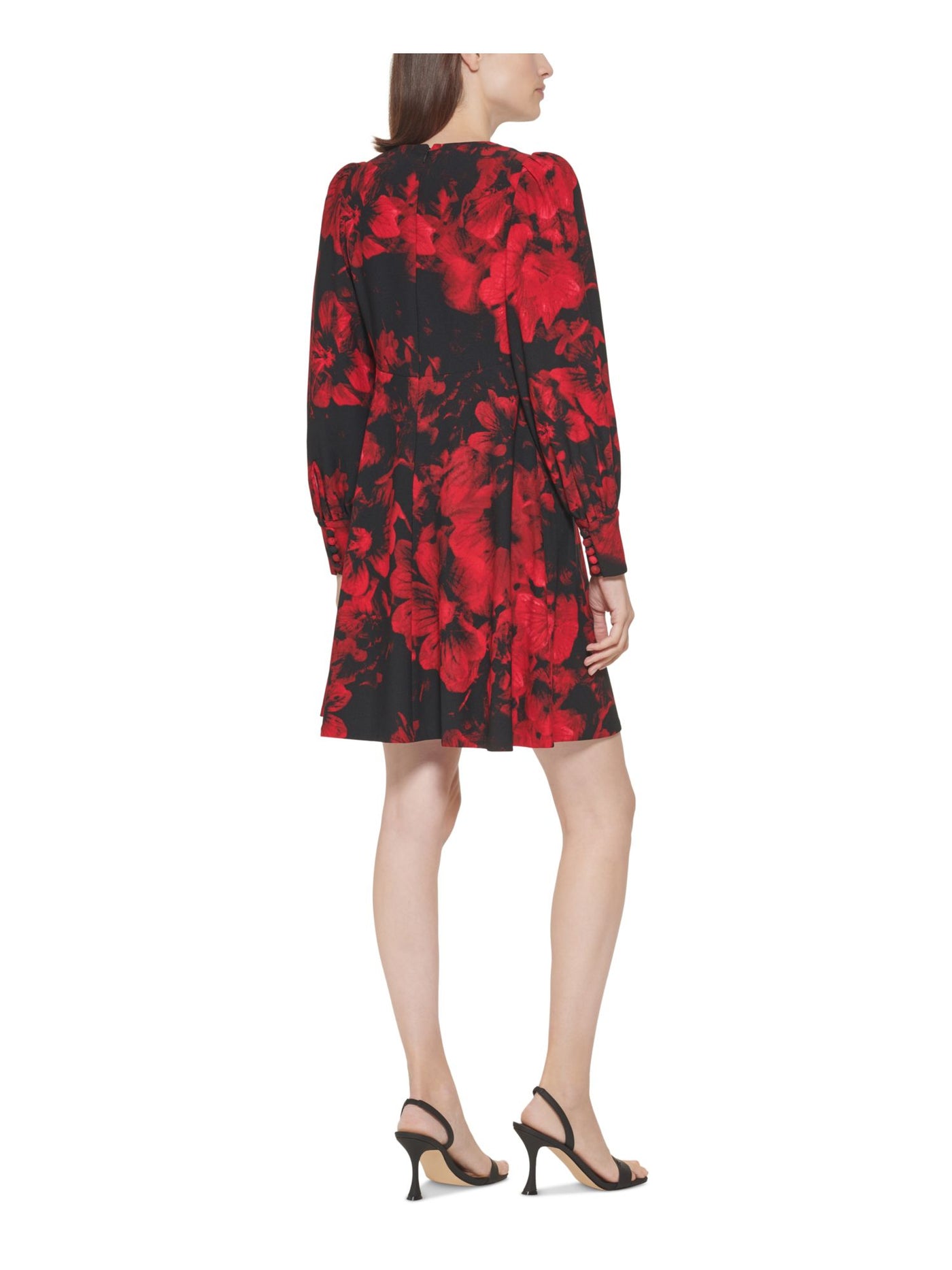 CALVIN KLEIN Womens Red Stretch Zippered Pleated Scuba Crepe Floral Long Sleeve V Neck Short Party Fit + Flare Dress 2