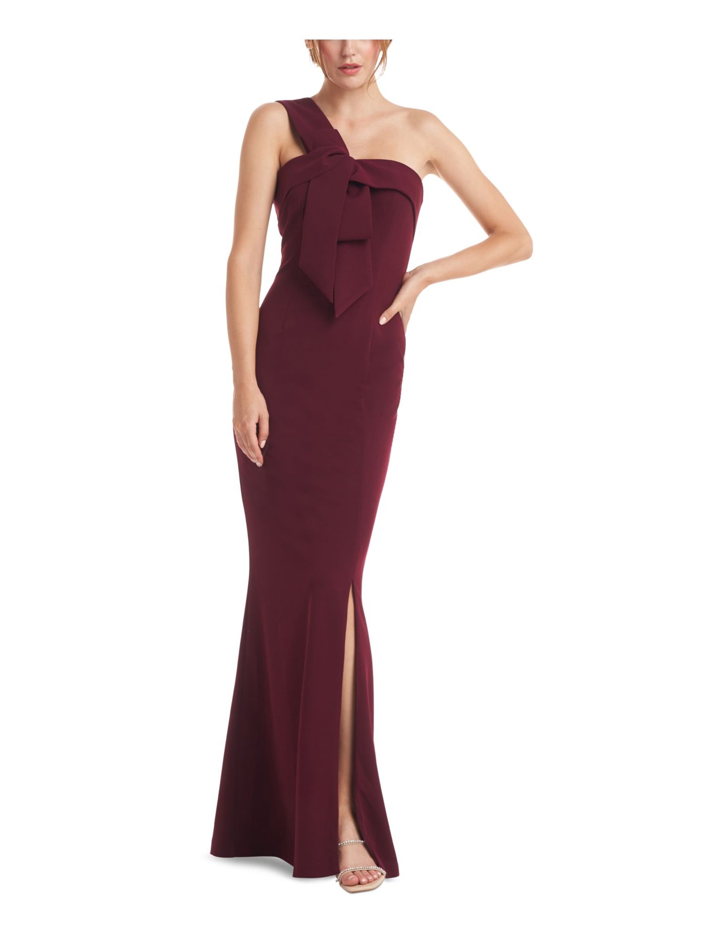JS COLLECTION Womens Stretch Slitted Zippered Fold Over Trim Bow Detail Sleeveless Asymmetrical Neckline Full-Length Formal Gown Dress