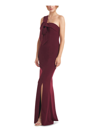 JS COLLECTION Womens Burgundy Stretch Slitted Zippered Fold Over Trim Bow Detail Sleeveless Asymmetrical Neckline Full-Length Formal Gown Dress 4