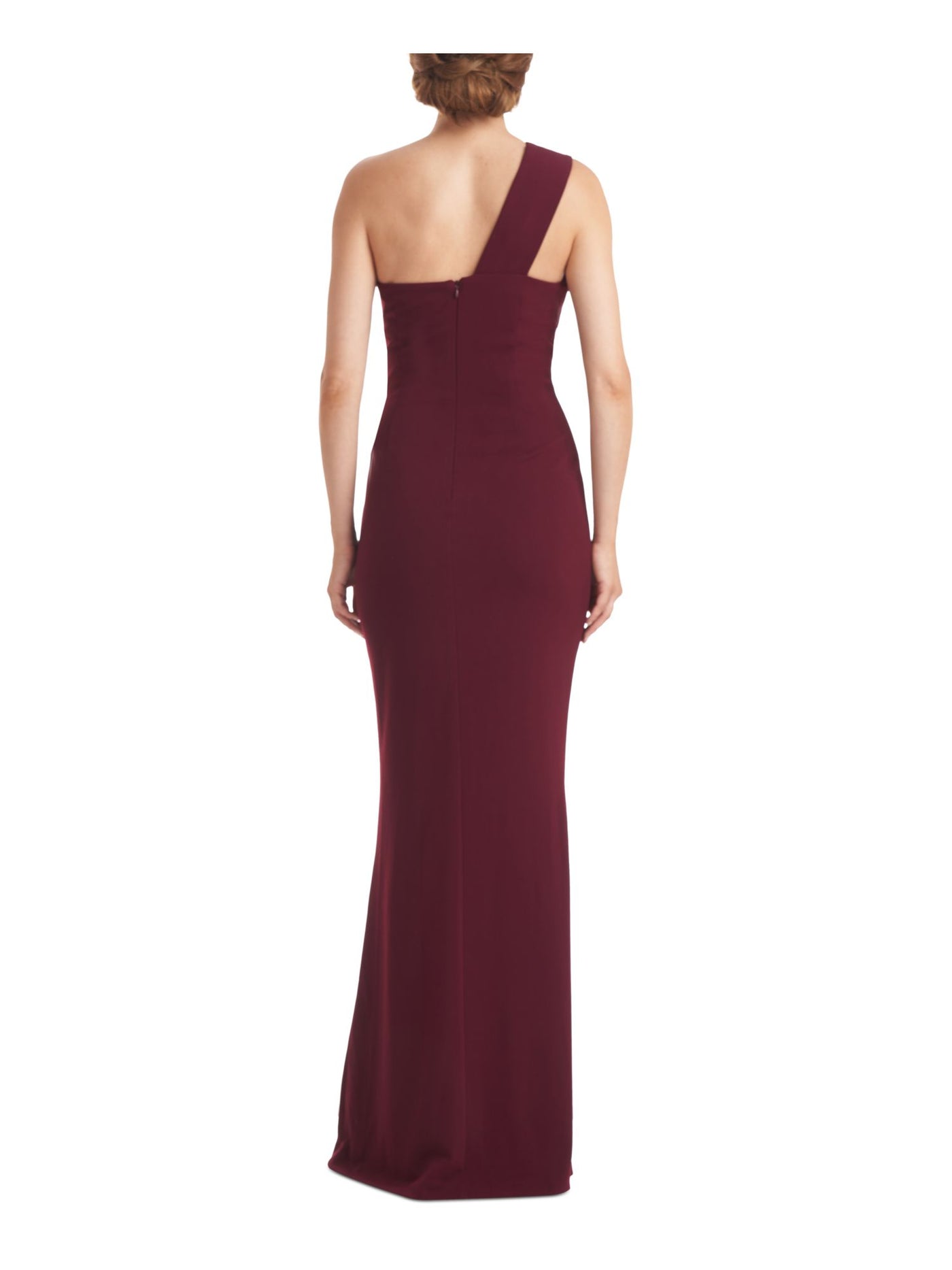 JS COLLECTION Womens Burgundy Stretch Slitted Zippered Fold Over Trim Bow Detail Sleeveless Asymmetrical Neckline Full-Length Formal Gown Dress 4