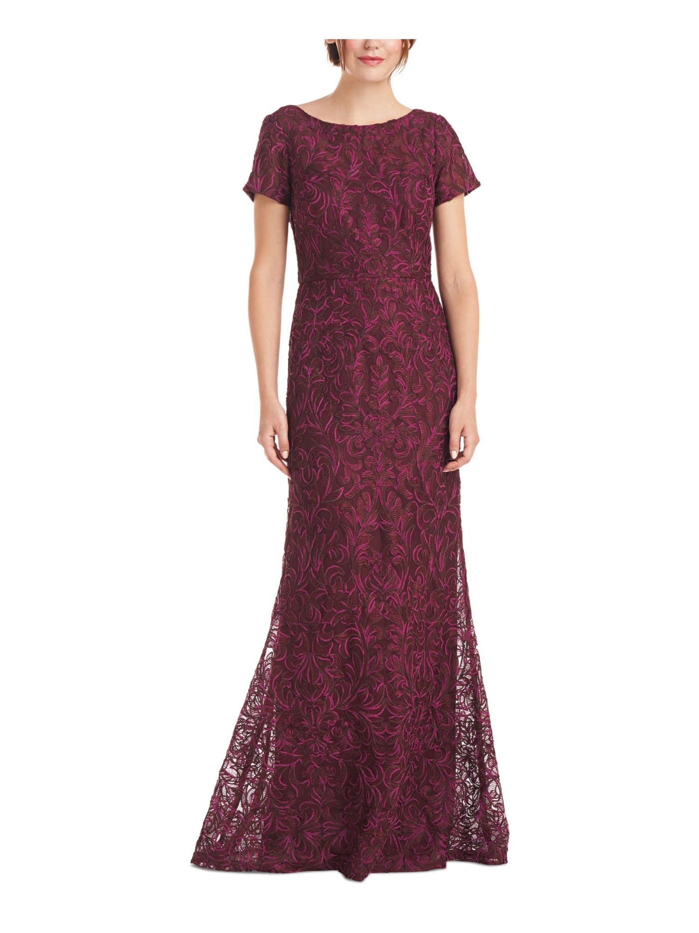 JS COLLECTION Womens Burgundy Embellished Zippered Short Sleeve Boat Neck Full-Length Formal Gown Dress 2