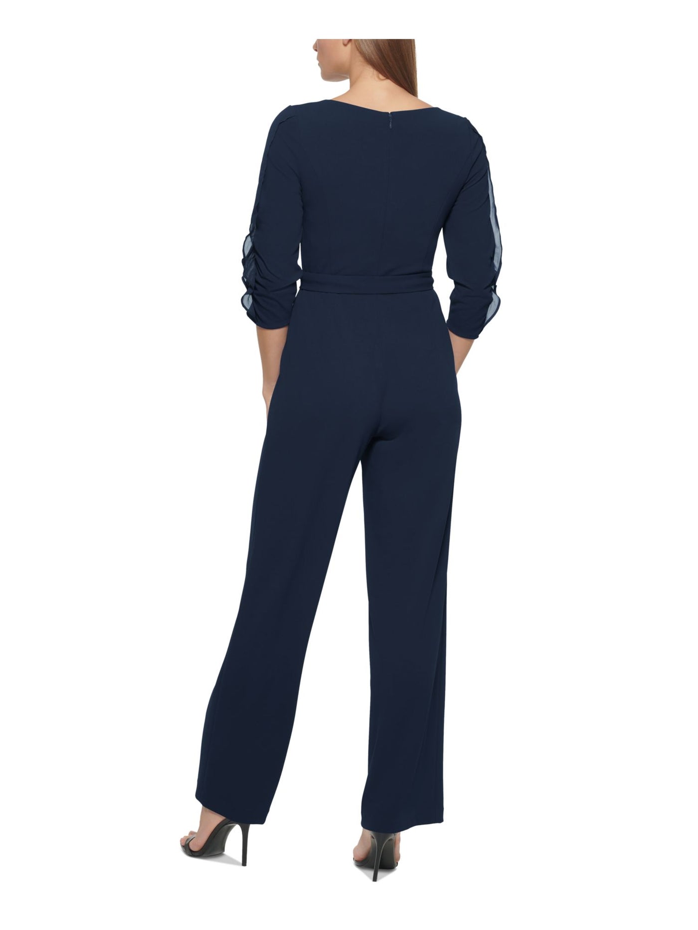 DKNY Womens Navy Stretch Ruffled Zippered Tie Belt 3/4 Sleeve Crew Neck Party Straight leg Jumpsuit 12