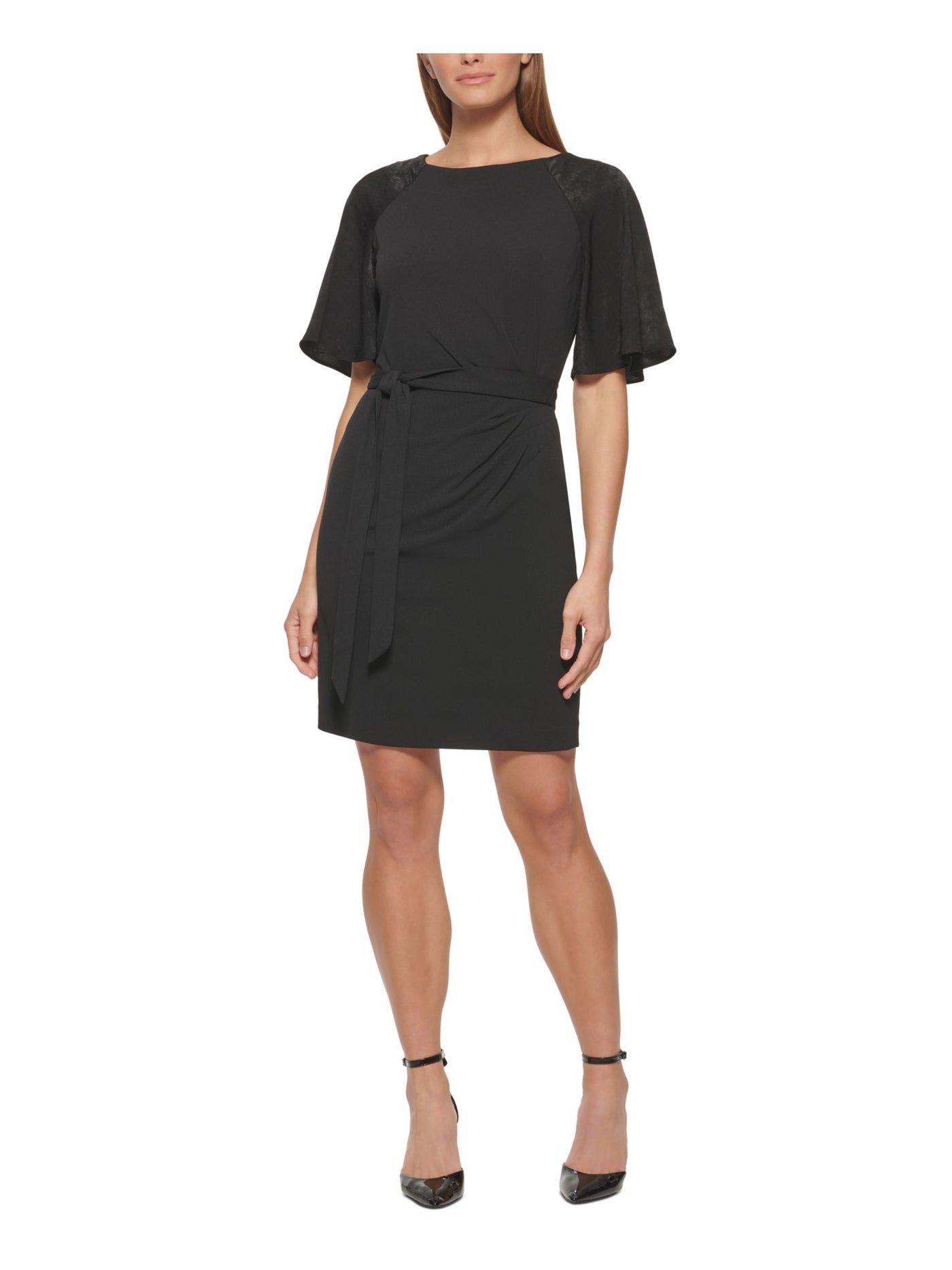 DKNY Womens Black Zippered Belted Flutter Sleeve Crew Neck Above The Knee Wear To Work Sheath Dress 12