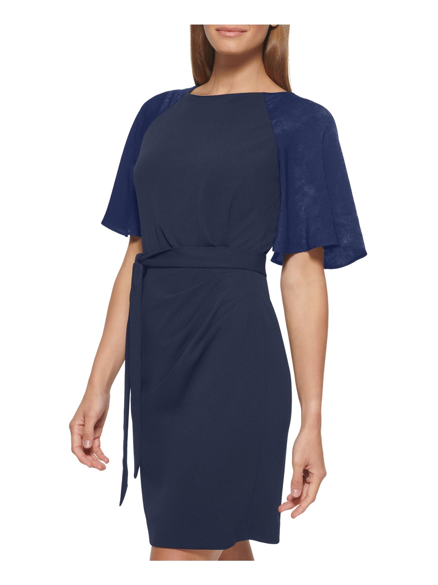 DKNY Womens Navy Zippered Belted Flutter Sleeve Crew Neck Above The Knee Wear To Work Sheath Dress 6