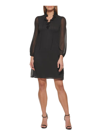 DKNY Womens Black Ruffled Sheer Lined Tie Front Long Sleeve V Neck Above The Knee Wear To Work Sheath Dress 8