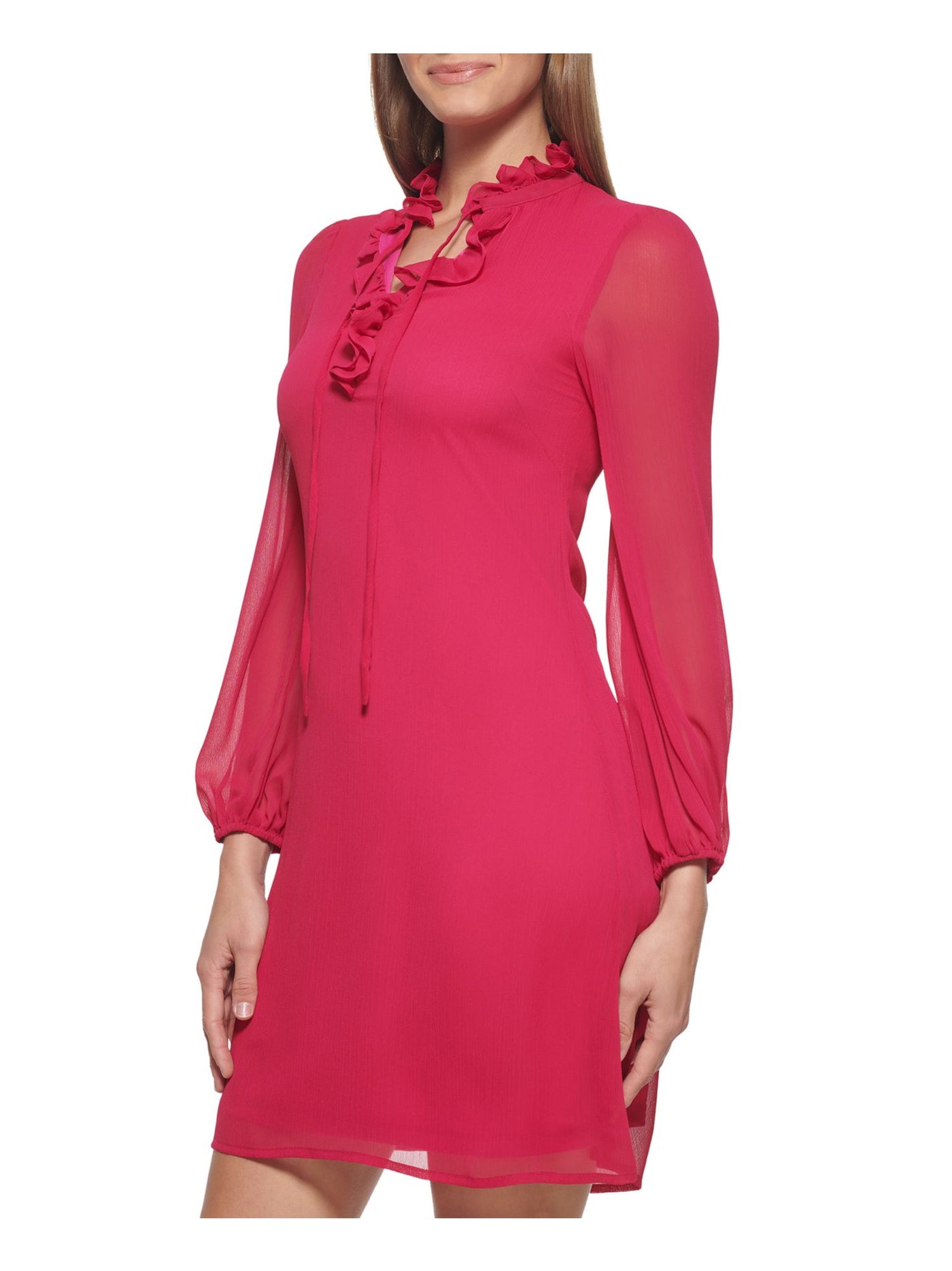 DKNY Womens Pink Ruffled Sheer Long Sleeve V Neck Above The Knee Wear To Work Sheath Dress 2