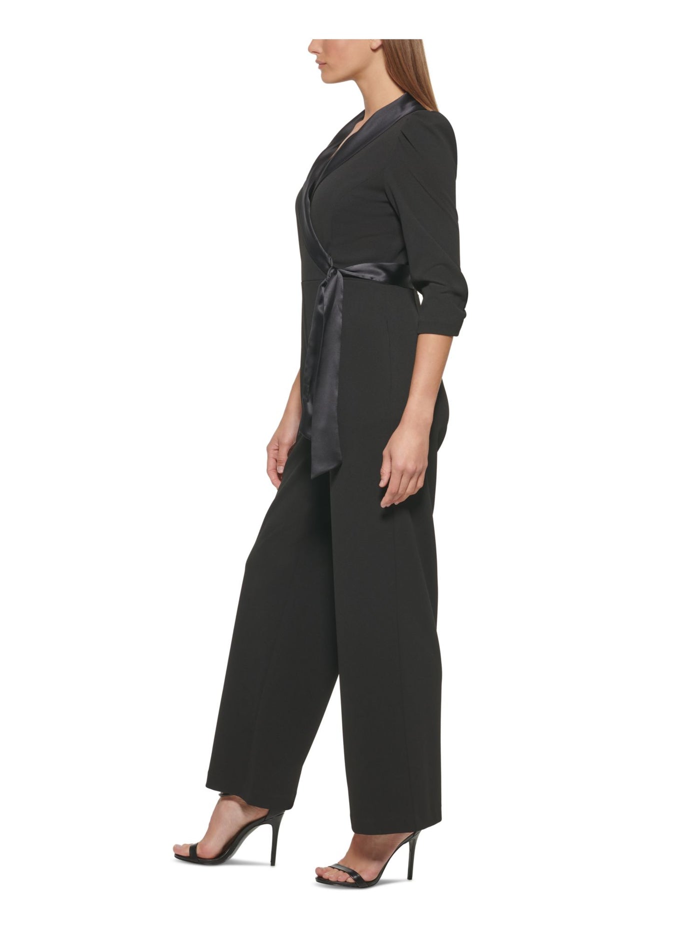 DKNY Womens Black Zippered Pocketed Ruched Button Cuffs Lined Bodice Elbow Sleeve Surplice Neckline Evening Wide Leg Jumpsuit 4