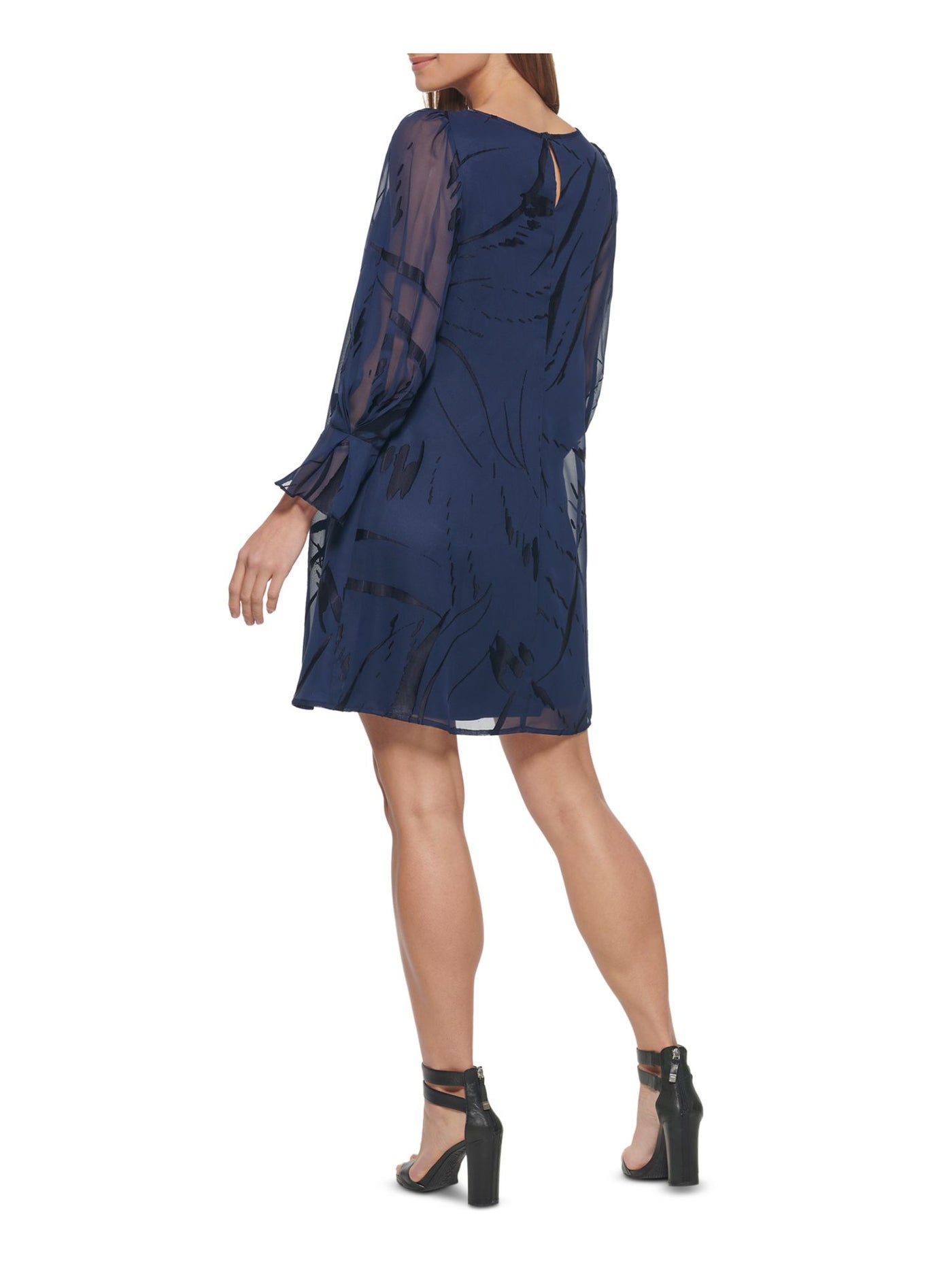 DKNY Womens Navy Sheer Lined Long Sleeve Boat Neck Above The Knee Cocktail Trapeze Dress 2
