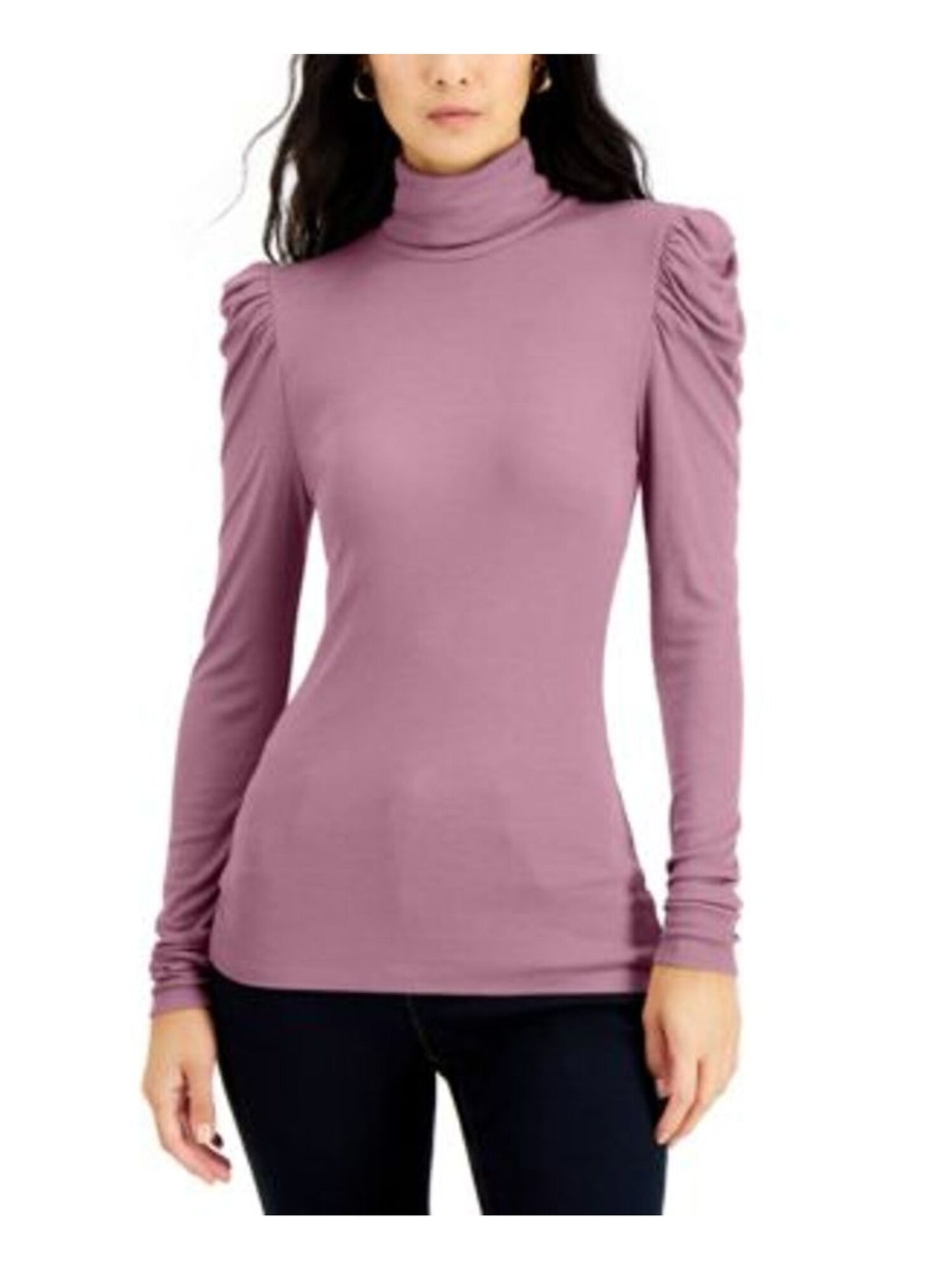 INC Womens Pink Stretch Ribbed Ruched Pouf Sleeve Turtle Neck Wear To Work Top L