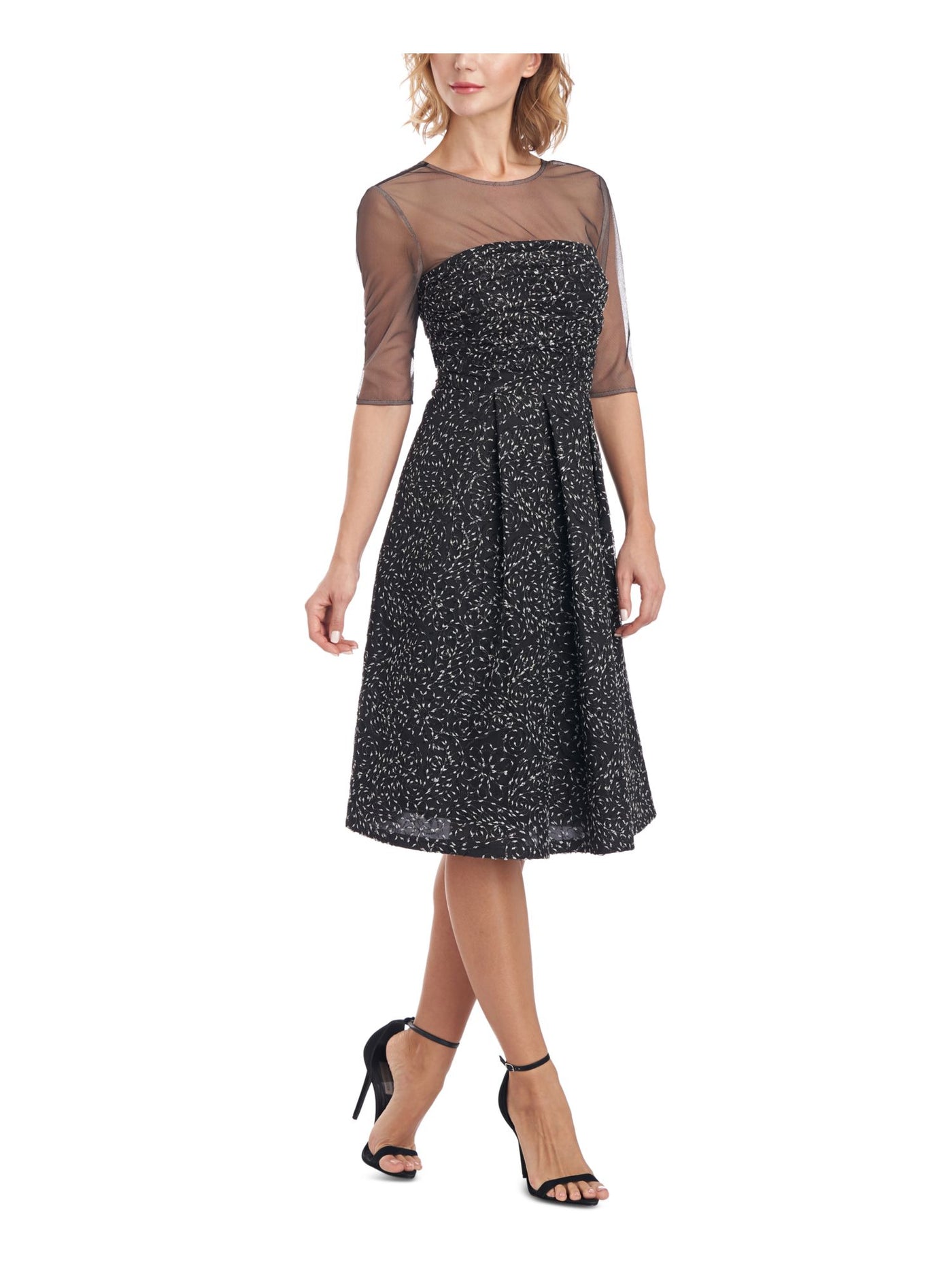JS COLLECTION Womens Black Mesh Zippered Sequined Shirred Bodice Lined Floral Elbow Sleeve Illusion Neckline Knee Length Party Fit + Flare Dress 12