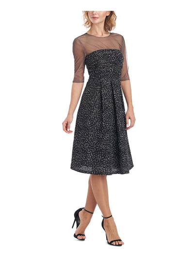 JS COLLECTION Womens Black Mesh Zippered Sequined Shirred Bodice Lined Floral Elbow Sleeve Illusion Neckline Knee Length Party Fit + Flare Dress 12