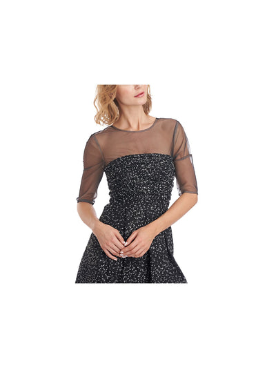 JS COLLECTIONS Womens Black Mesh Zippered Sequined Shirred Bodice Lined Floral Elbow Sleeve Illusion Neckline Knee Length Party Fit + Flare Dress 4