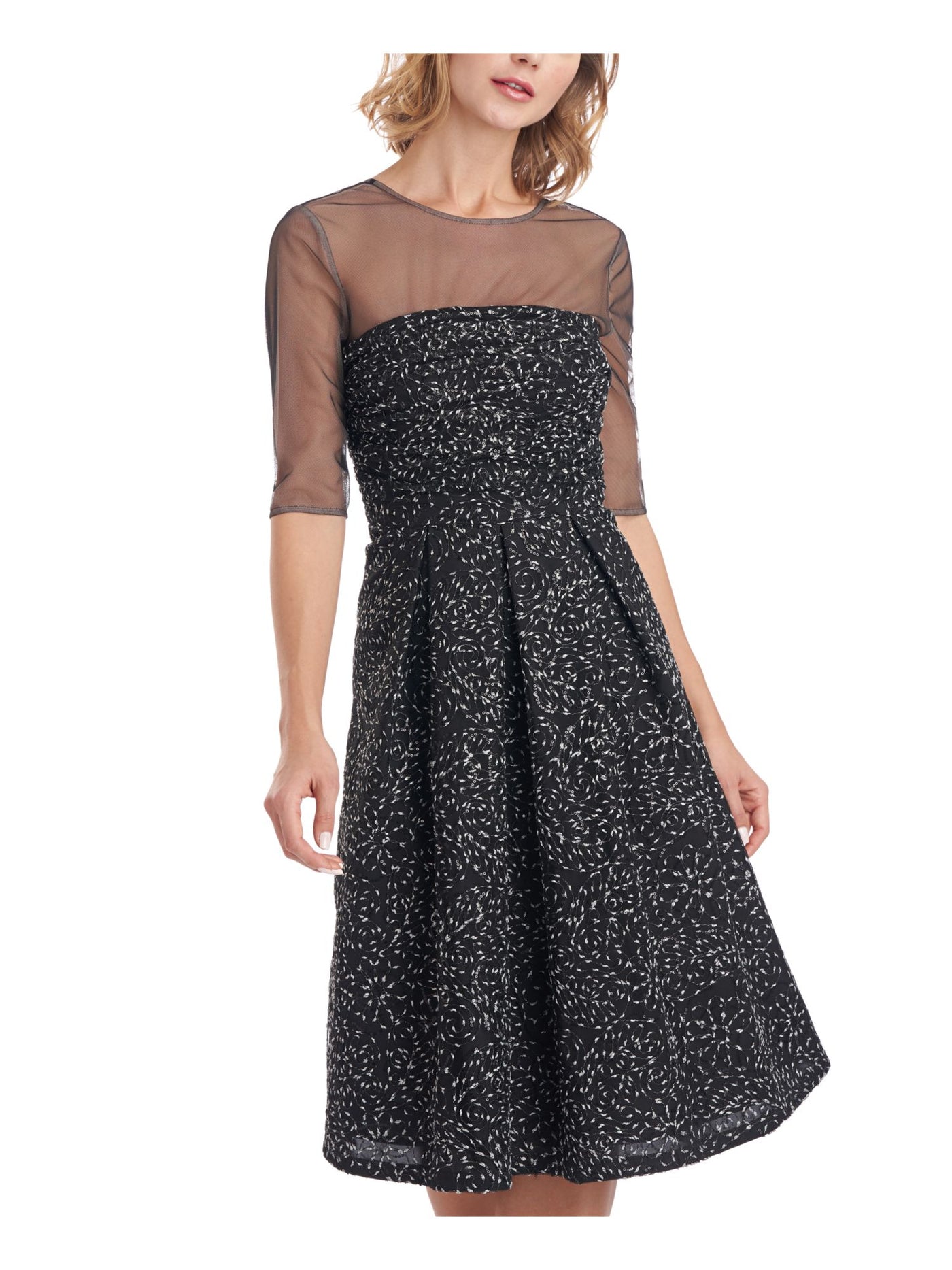 JS COLLECTION Womens Black Mesh Zippered Sequined Shirred Bodice Lined Floral Elbow Sleeve Illusion Neckline Knee Length Party Fit + Flare Dress 12