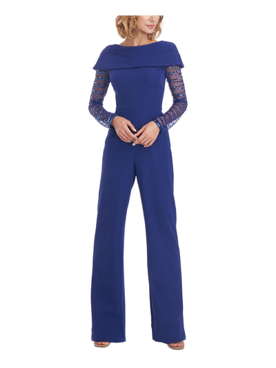 JS COLLECTIONS Womens Blue Stretch Zippered Beaded Illusion Long Sleeves Boat Neck Party Wide Leg Jumpsuit 14