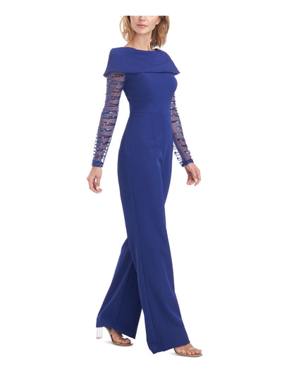 JS COLLECTIONS Womens Blue Stretch Zippered Beaded Illusion Long Sleeves Boat Neck Party Wide Leg Jumpsuit 14