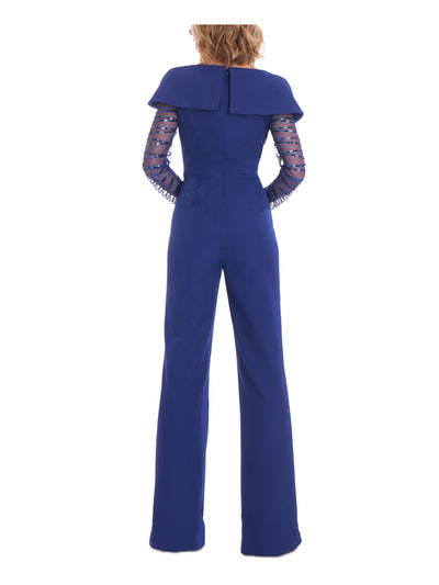 JS COLLECTIONS Womens Blue Stretch Zippered Beaded Illusion Long Sleeves Boat Neck Party Wide Leg Jumpsuit 14