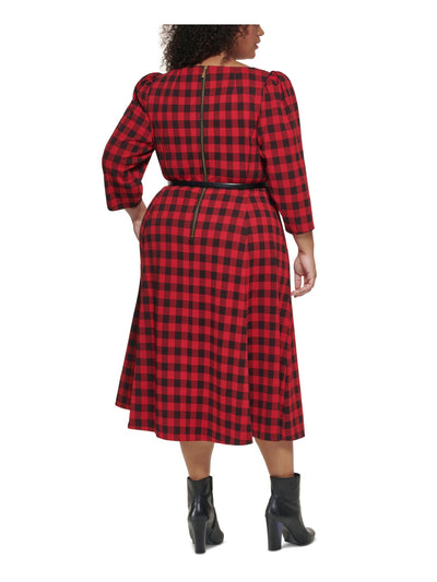 CALVIN KLEIN Womens Red Stretch Belted Zippered Unlined Plaid 3/4 Sleeve Round Neck Midi A-Line Dress Plus 20W