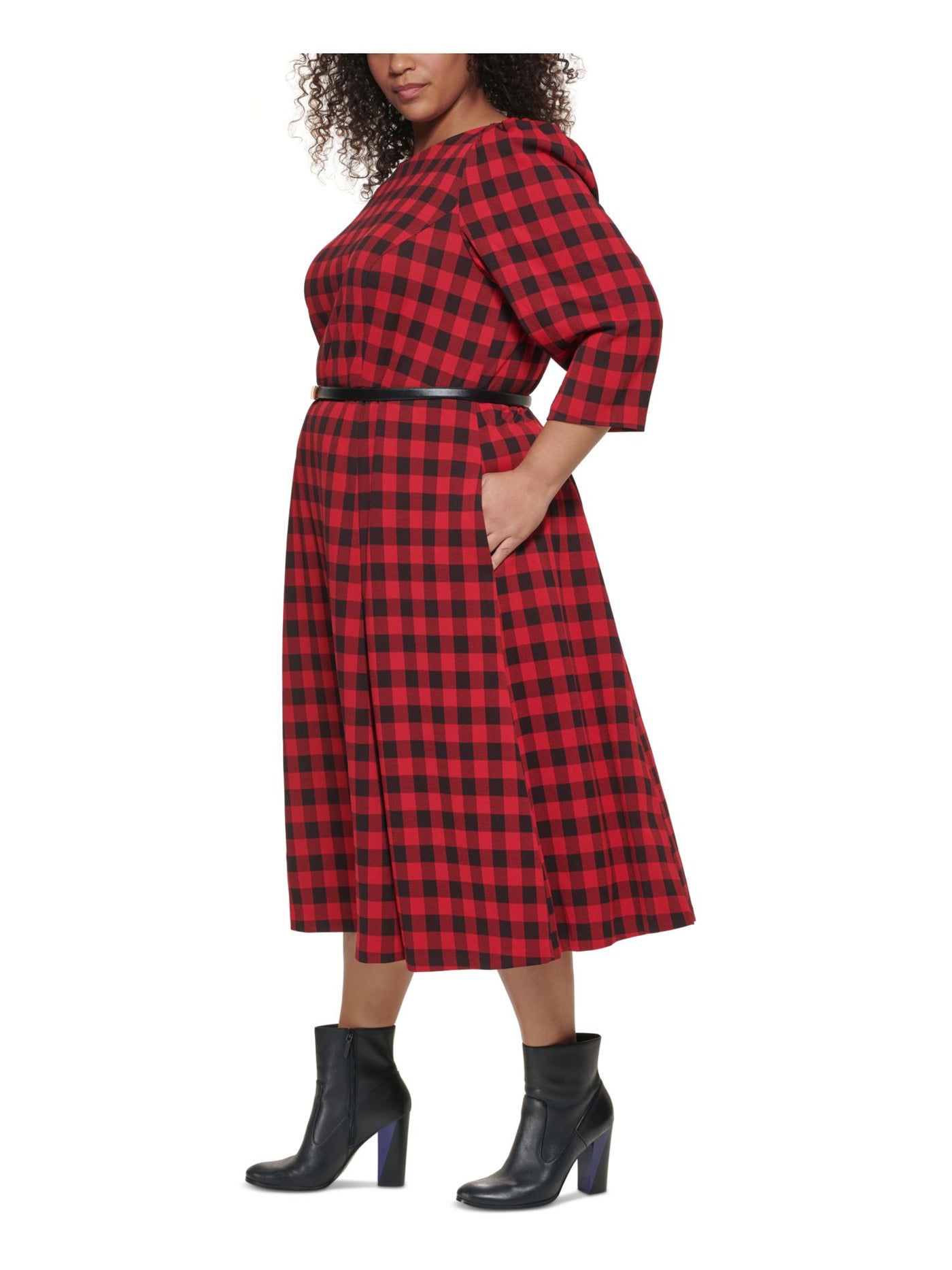 CALVIN KLEIN Womens Red Stretch Belted Zippered Unlined Plaid 3/4 Sleeve Round Neck Midi A-Line Dress Plus 20W