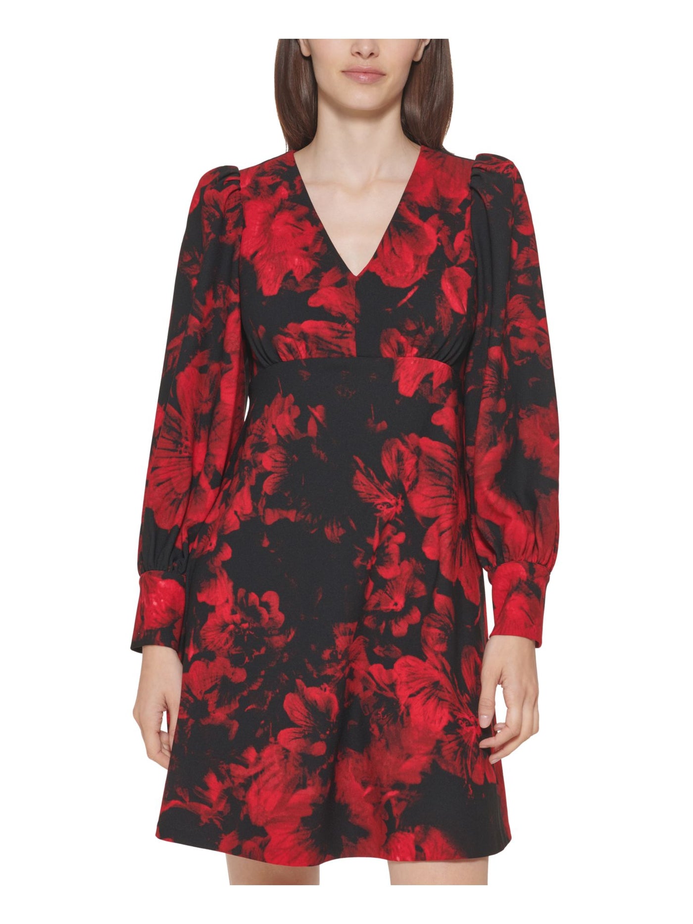 CALVIN KLEIN Womens Red Zippered Button Cuffs Unlined Floral Blouson Sleeve V Neck Above The Knee Evening Fit + Flare Dress Petites 8P