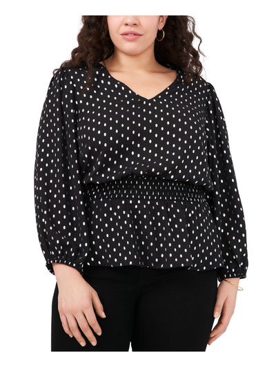 MSK Womens Black Polka Dot Balloon Sleeve V Neck Wear To Work Peplum Top Plus 1X