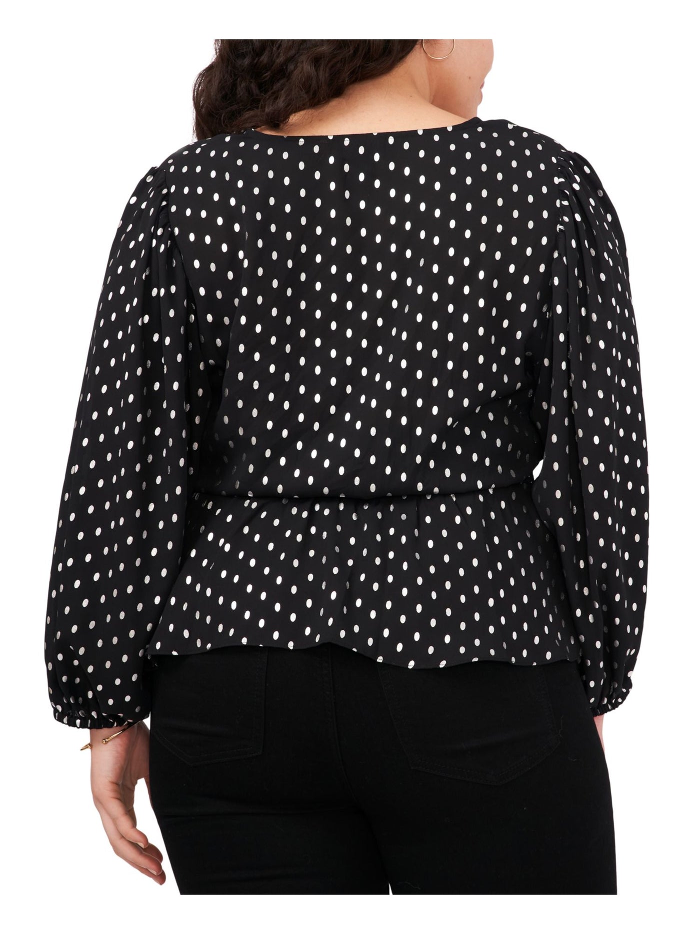 MSK Womens Black Polka Dot Balloon Sleeve V Neck Wear To Work Peplum Top Plus 1X