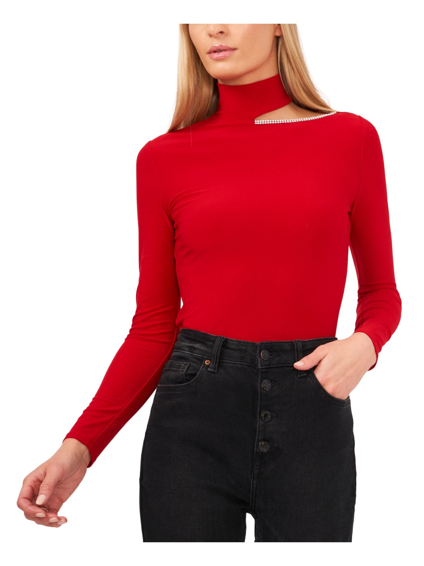 28TH & PARK Womens Red Cut Out Rhinestone Fitted Long Sleeve Mock Neck Top XS