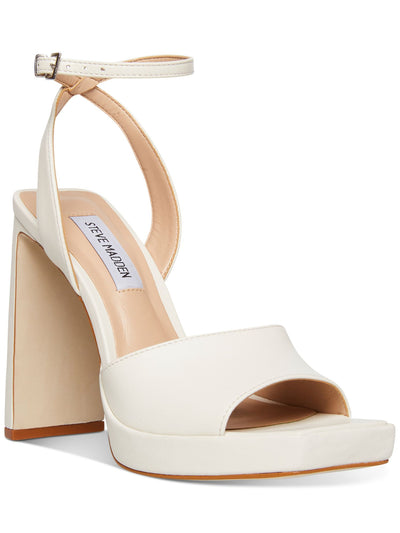 STEVE MADDEN Womens White Ankle Strap Padded Propel Square Toe Block Heel Buckle Leather Dress Heeled Sandal 10 M