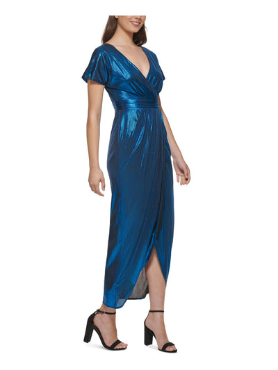 GUESS Womens Blue Metallic Lined Zippered Tulip Hem Short Sleeve Surplice Neckline Tea-Length Cocktail Hi-Lo Dress 0