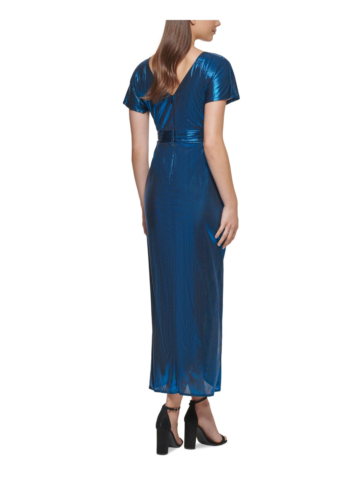 GUESS Womens Blue Metallic Lined Zippered Tulip Hem Short Sleeve Surplice Neckline Tea-Length Cocktail Hi-Lo Dress 0