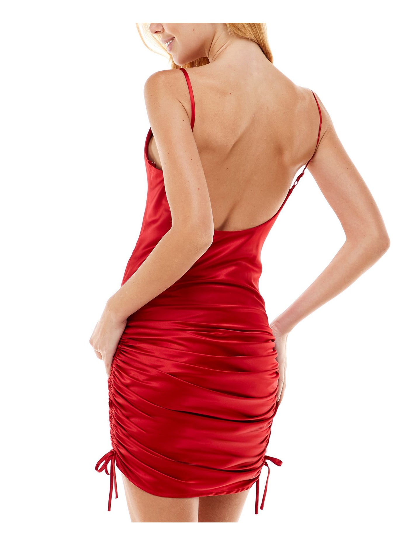 CITY STUDIO Womens Red Ruched Tie Adjustable Straps Spaghetti Strap Cowl Neck Mini Party Body Con Dress Juniors L